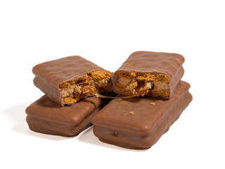 Chocolate bar on a white background. Chocolate with caramel.