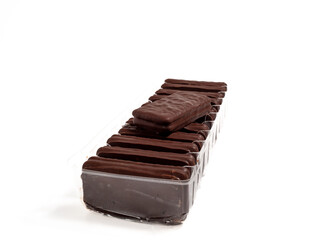 Chocolate bar on a white background. Black chocolate.