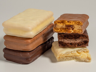 Chocolate bar on a white background. Various types of chocolate.