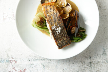 Salmon with clams and mussels