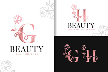 Feminine monogram rose gold logo letter g and h with flowers