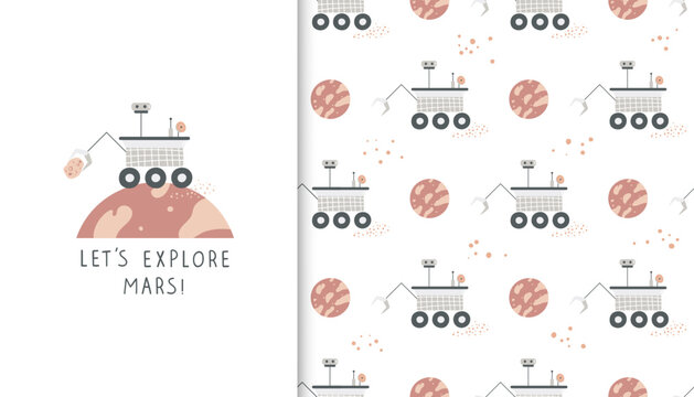 Cartoon Mars Rover And Planet Seamless Pattern