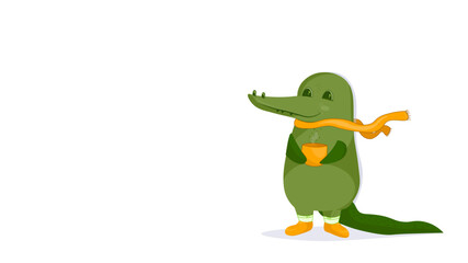 funny crocodile. vector flat illustration of a crocodile, banner, advertising. crocodile holding a cup of tea. autumn. a crocodile in a scarf