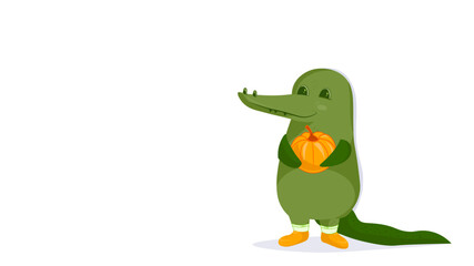 funny crocodile. vector flat illustration of a crocodile, banner, advertising. crocodile holding a pumpkin. halloween pumpkin.