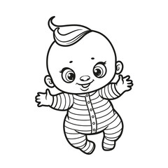 Cute cartoon baby doll in overalls outlined for coloring page on a white background