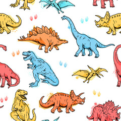 Dinosaur seamless pattern. Hand drawn vector dinosaurs with background view. Pattern with Tyrannosaurus Rex, Stegosaurus, Brachiosaurus, Triceratops, and Pterodactyl cartoons. © cddesign.co