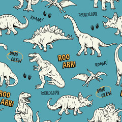 Dinosaur seamless pattern. Hand drawn vector dinosaurs with background view. Pattern with Tyrannosaurus Rex, Stegosaurus, Brachiosaurus, Triceratops, and Pterodactyl cartoons. © cddesign.co
