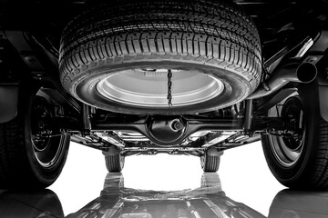Car suspension, chassis and spare tire on black and white tone. © Wachira