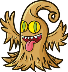 Funny and scary brown ghost with yellow eyes cartoon illustration