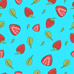 Juicy strawberries and leaves. Seamless pattern with strawberries on a blue background.