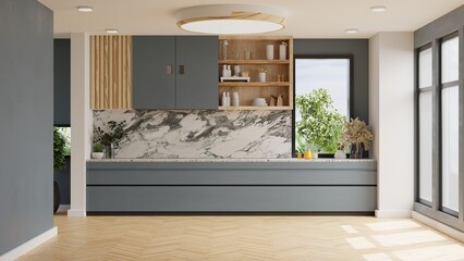 Modern style kitchen interior design with accessories decoration.