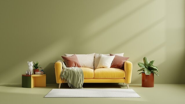 Mockup living room interior with yellow sofa on empty dark green color wall background.