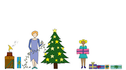 Family at the christmas tree and gifts