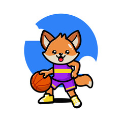 Happy cute fox playing basketball