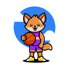 Happy cute fox playing basketball