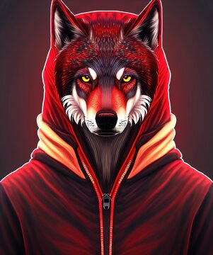 Wolf with a red hoodie, brutal appearance. Portrait of a half-wolf half-man  in a tracksuit, glowing eyes. 3d illustration Stock Illustration | Adobe  Stock