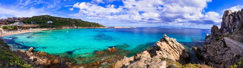 Poster Italy summer holidays. Sardegnia island nature scenery. one of the most beautiful beaches - Santa Teresa di Galura in northern part with turquoise sea and incredible rock formations © Freesurf