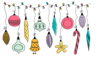 collection color of christmas balls, bells, icicles, decorations