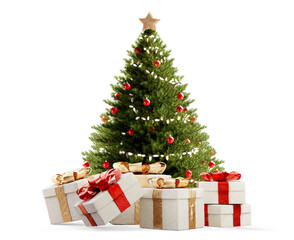Christmas gifts and decorated green Christmas fir tree 3d-illustration