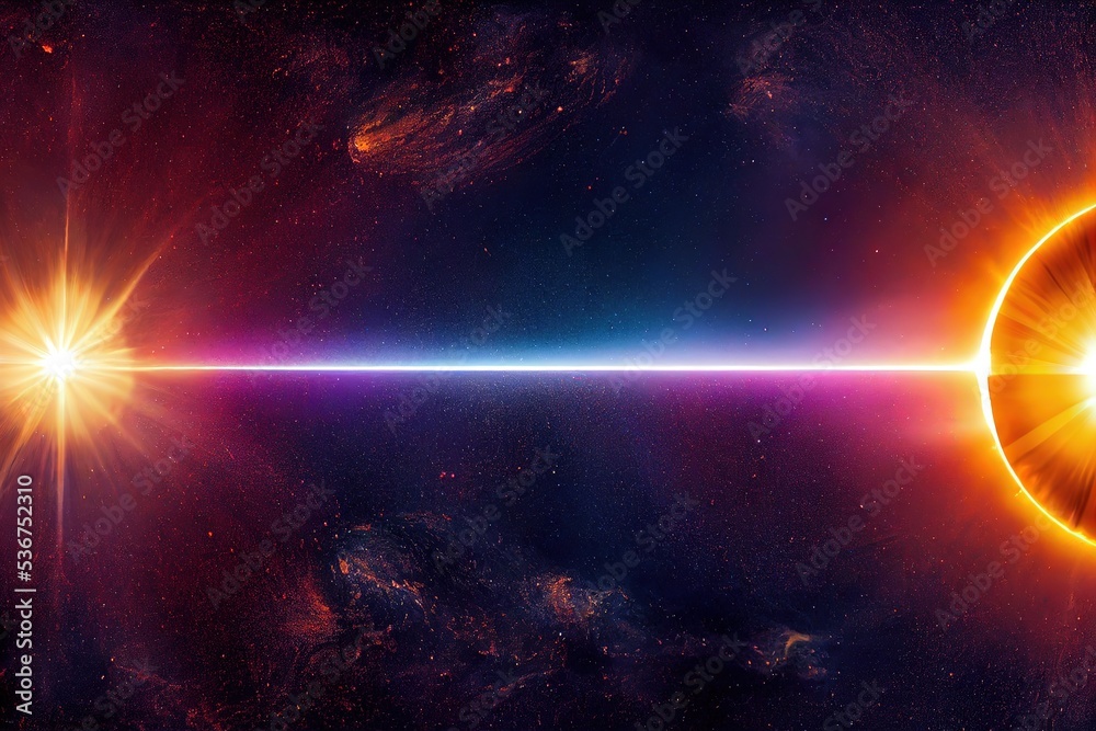 Poster sun with bright fiery circle, earth and planets of the solar system in outer space with stars and co