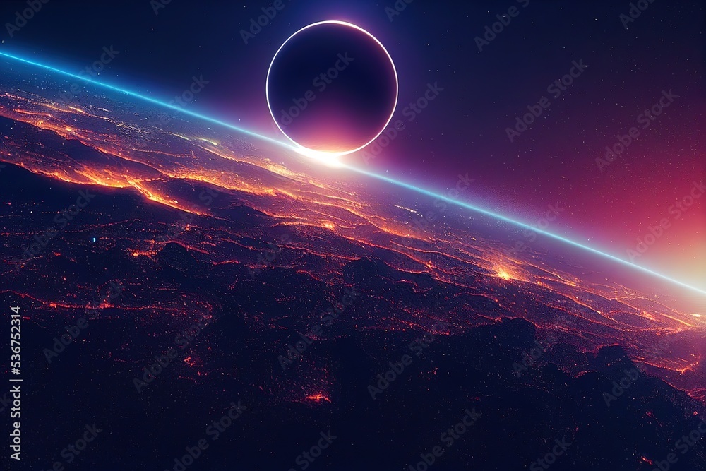 Poster outer space and the surface of the globe with fire lights on the surface, a planet in a star galaxy 