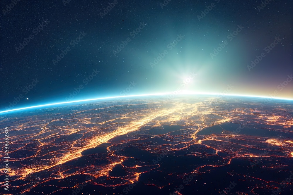 Aufkleber approximate planet earth in space with bright lights and on the surface. sunbeams of the rising sun 