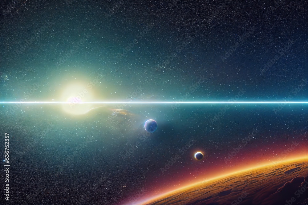 Poster sun with bright fiery circle, earth and planets of the solar system in outer space with stars and co