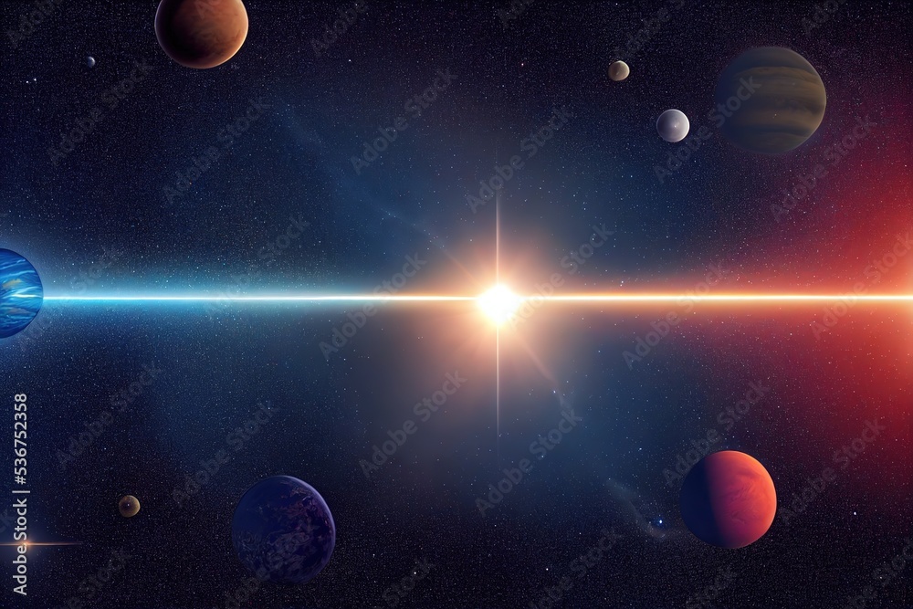 Poster sun with bright fiery circle, earth and planets of the solar system in outer space with stars and co