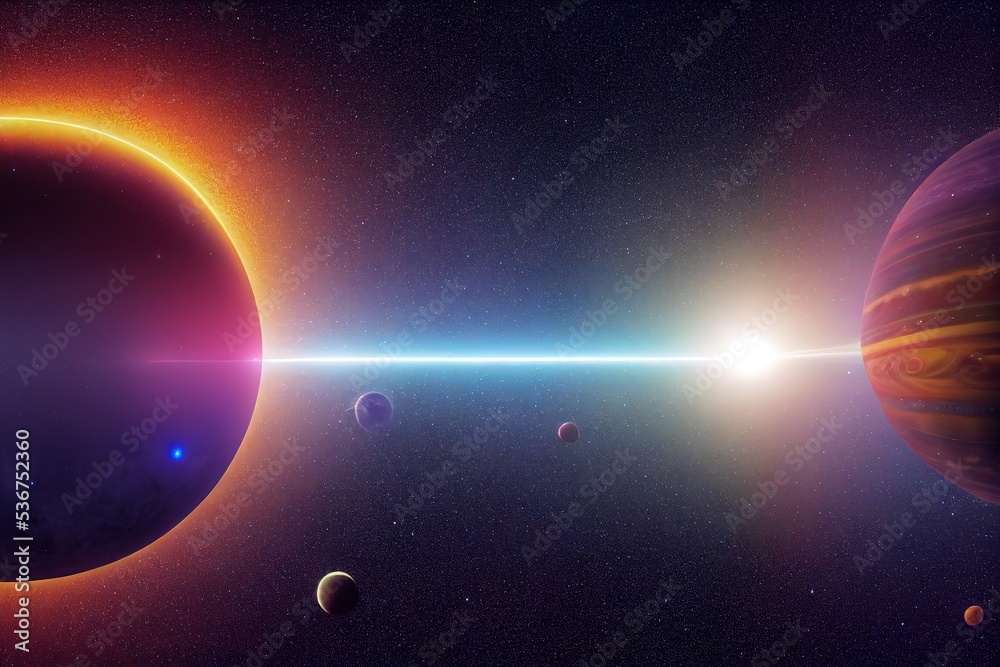 Poster sun with bright fiery circle, earth and planets of the solar system in outer space with stars and co