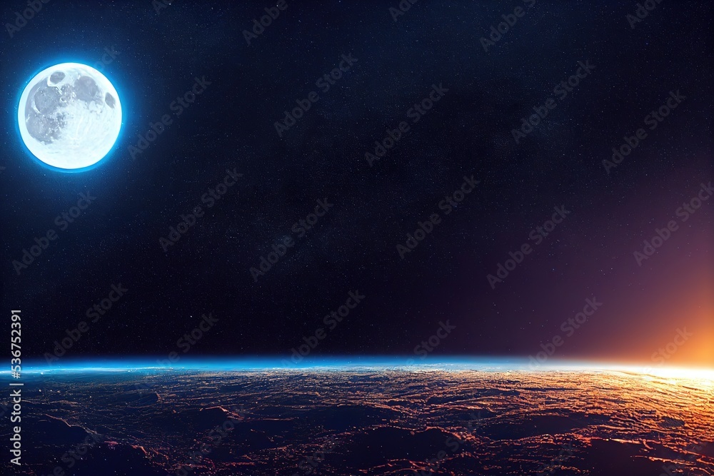 Aufkleber planet earth against the background of a starry night sky and a full bright moon over the globe in s