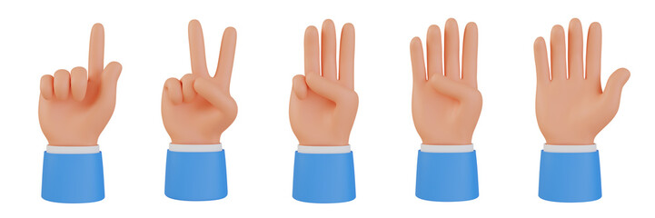 Hands gestures 3D cartoon, collection icon character hand set, isolated on white background, 3D render illustration