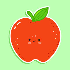 Cute funny red apple sticker character. Vector hand drawn cartoon kawaii character illustration icon. Isolated on white background. Red apple character concept