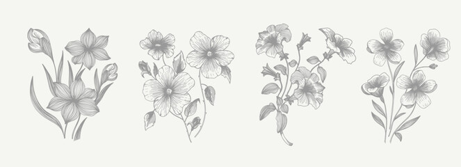 Flowers. Set of vector illustrations. Pencil sketch. Engraving style. Set of vector illustrations. Pencil sketch. Engraving style. Tattoo. Collection of drawn elements.