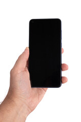 Men holding mobile phone in hands, transparent background