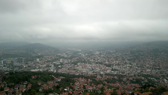 Cityscape of Sarajevo in the fog, Aerial drone footage