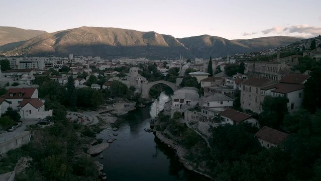 Aerial view of city of Mostar from a drone, Stari Most, Old Bridge 