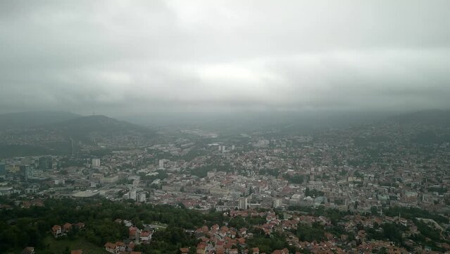 Cityscape of Sarajevo in the fog, Aerial drone footage