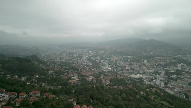 Cityscape of Sarajevo in the fog, Aerial drone footage