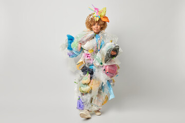 Full length shot of displeased curly haired woman dressed in rubbish costume takes care of environmental protection walks indoor against grey studio background. Ecology and pollution concept