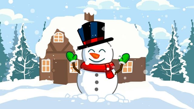 Animation with snowman and winter scenery with falling snow.