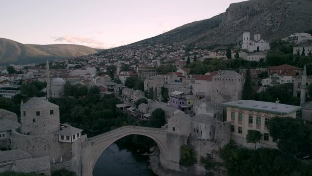 Aerial view of city of Mostar from a drone, Stari Most, Old Bridge 