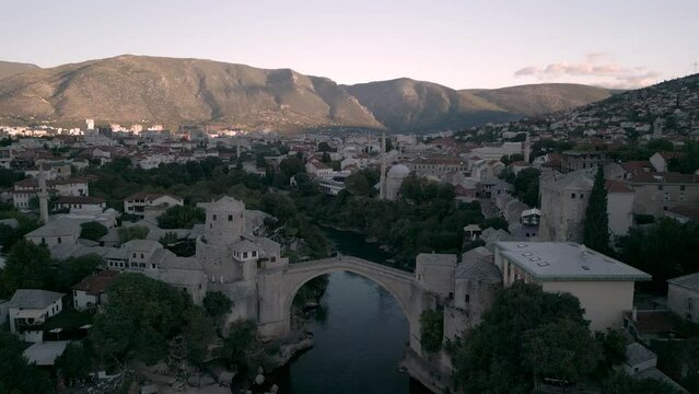 Aerial view of city of Mostar from a drone, Stari Most, Old Bridge 