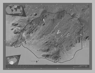 Suurland, Iceland. Grayscale. Labelled points of cities
