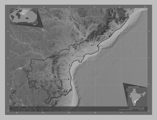 Andhra Pradesh, India. Grayscale. Labelled points of cities