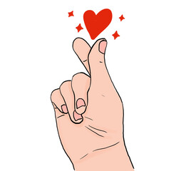Mini Heart saranghae hand gesture with red hearts illustration
