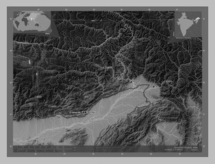 Arunachal Pradesh, India. Grayscale. Labelled points of cities
