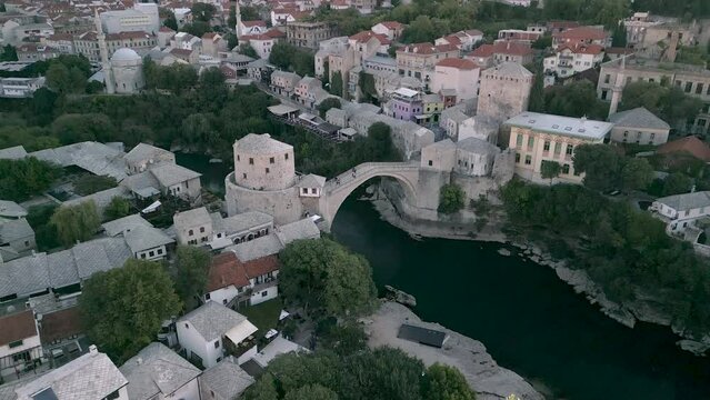 Aerial view of city of Mostar from a drone, Stari Most, Old Bridge 