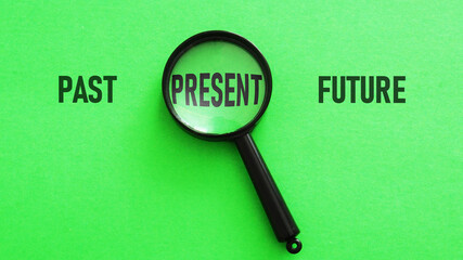 Present wording inside of Magnifier glass on green background for focus current situation ,...