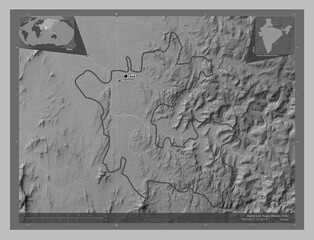 Dadra and Nagar Haveli, India. Grayscale. Labelled points of cities
