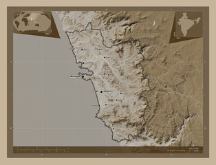 Goa, India. Sepia. Labelled points of cities
